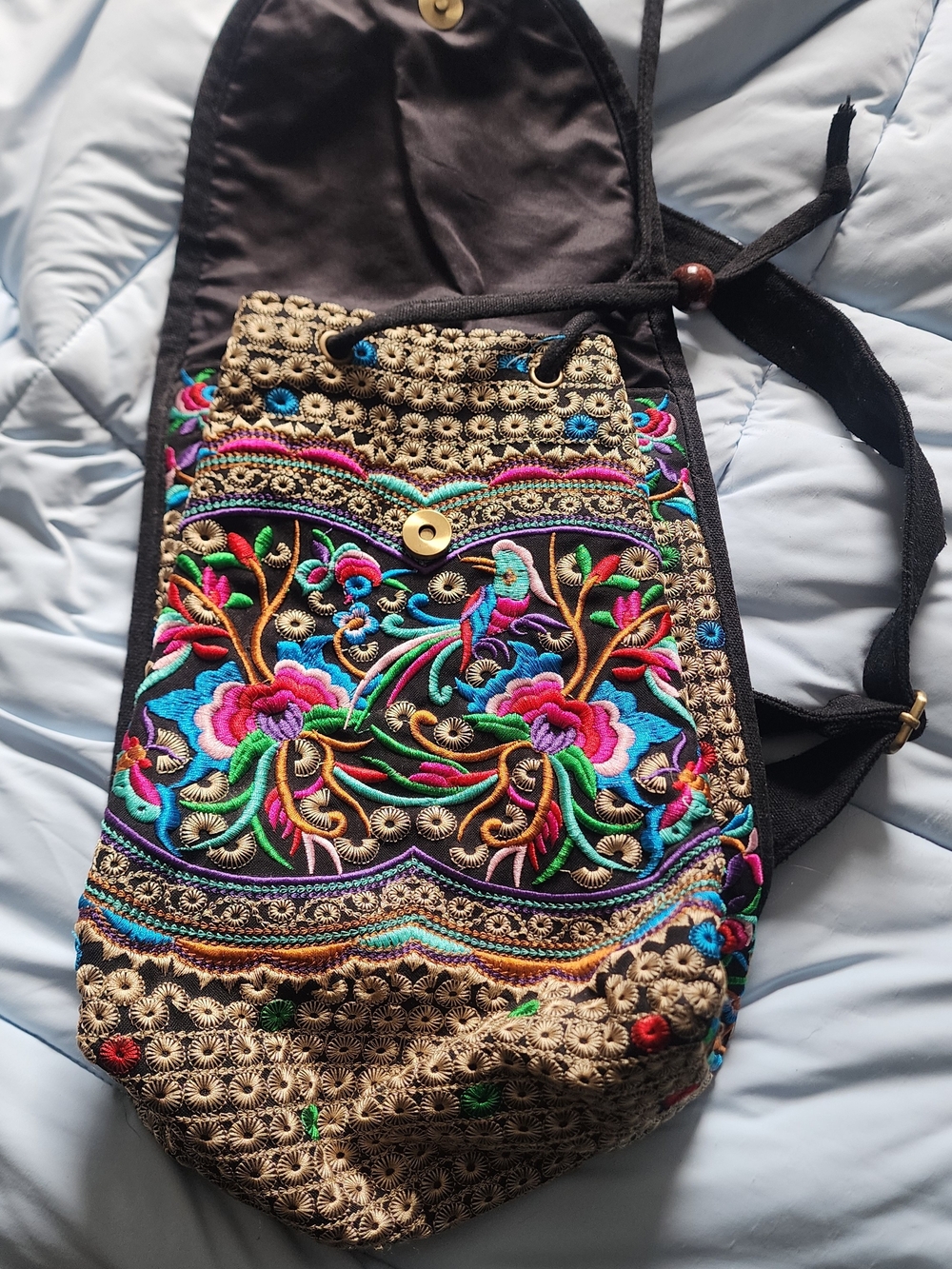 Embroidered Floral Drawstring Backpack - Black Multicolor
